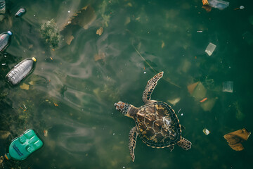 Obraz na płótnie Canvas Turtle in the ocean, surrounded by plastic bottles and trash, aerial, poignant photography. Concept: environment and marine pollution and debris, plastic recycling problem, ocean wildlife protectio