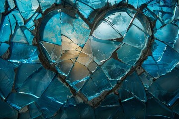 The heart shape is seen through the shattered glass, creating an abstract and symbolic representation of love in blue tones.  - obrazy, fototapety, plakaty