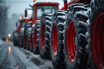 Tractors lined up on the street, a closeup view of tractor tires and wheels,