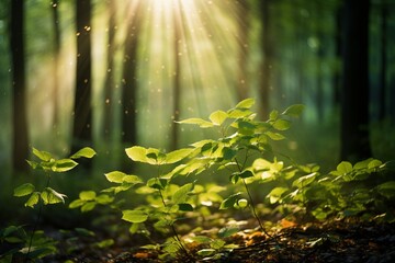 Fototapeta na wymiar Sunlight filtering through leaves in a forest