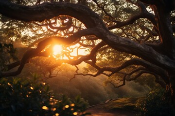 Sunlight streaming through branches at sunset - Powered by Adobe