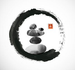 Ink painting of stacked pebbles in enso zen circle, embodying balance and harmony. Traditional Japanese ink wash painting sumi-e. Hieroglyph - eternity - 755923295