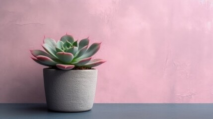 Succulent with soft pink painted concrete wall background. Negative space. Free space for text. Generative AI