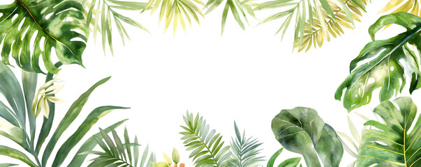 An array of fresh tropical leaves delicately borders a white background, perfect for design or text placement