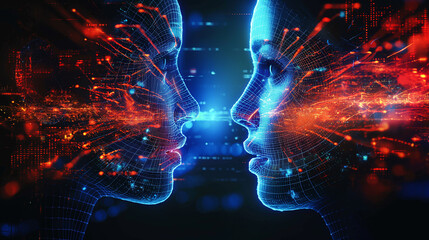 Two people from long distance connecting through cyberspace in virtual reality with modern innovative technology. Generative AI