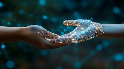 Close up of two people from long distance touching fingers and feeling each other in cyberspace and innovative technology. Generative AI