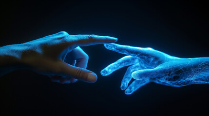 Close up of two people from long distance touching fingers and feeling each other in cyberspace and innovative technology. Generative AI