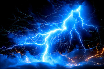 lightning in the night sky.  Energetic Atmosphere, Blue Lightning Illuminates the Sky.  Weather. 