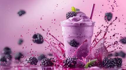 A purple drink topped with blackberries and a scoop of ice cream in a glass - Powered by Adobe