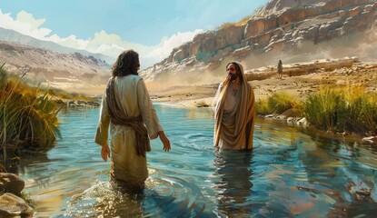 Jesus being layered in the Jordan River Generative AI - obrazy, fototapety, plakaty