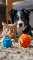Curious kitten and dog with two colorful balls on a textured rug.