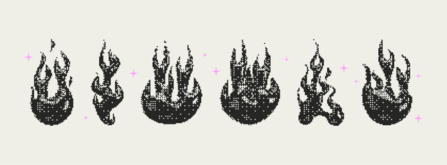 Bitmap Y2K fire shapes.Set of trendy different pixel graphic elements. Retro futuristic clip art stickers for collage, retro design, t-shirt. 8 bit. Vector illustration.  © Alena creator