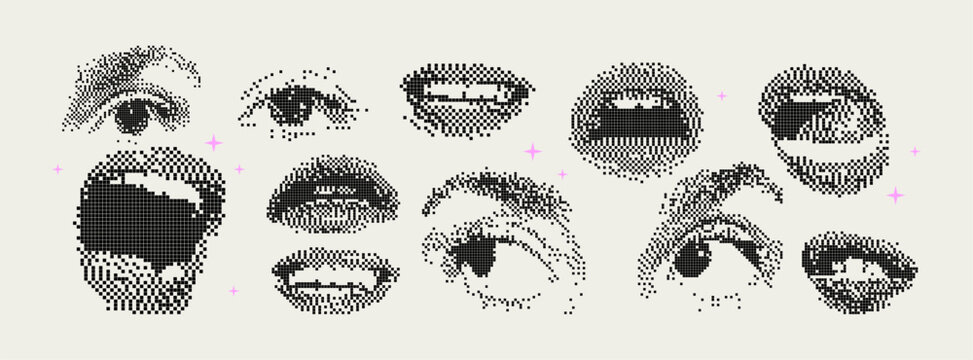 Pixel Y2K female eyes and mouths. Set of trendy different bitmap graphic elements. Retro futuristic clip art shapes for collage or retro design. 8 bit. Vector illustration.