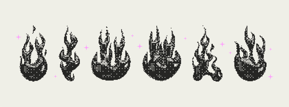 Bitmap Y2K fire shapes.Set of trendy different pixel graphic elements. Retro futuristic clip art stickers for collage, retro design, t-shirt. 8 bit. Vector illustration. 