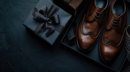 men's shoes, belt and gift box in a clean and minimalist style on a black background to create a balanced composition that highlights the modern aesthetic of the accessories.