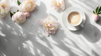 a cup of coffee and peonies flowers are arranged in a balanced and visually appealing manner against a light background. Flat top view