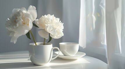 soft natural light to create a calming and cozy atmosphere. This helps enhance the romantic atmosphere and highlights the delicate beauty of the white peonies and coffee cup.