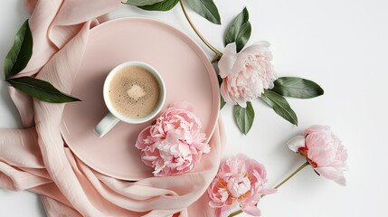 a cup of coffee and peony flowers are arranged in a balanced and visually appealing manner against a pink background with decorative fabrics and leaves. Flat top view
