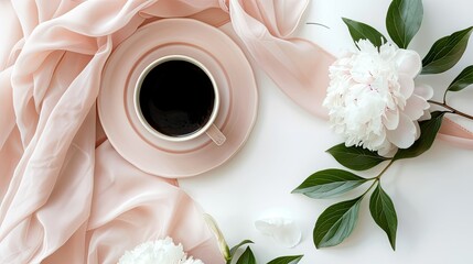 a cup of coffee and peony flowers are arranged in a balanced and visually appealing manner against a pink background with decorative fabrics and leaves. Flat top view - obrazy, fototapety, plakaty