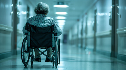 An elderly person in a wheelchair is silhouetted against a hospital corridor, highlighting care and aging - obrazy, fototapety, plakaty