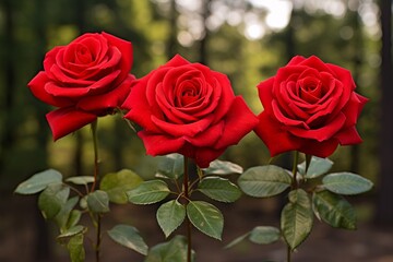 Three identical red roses in full bloom