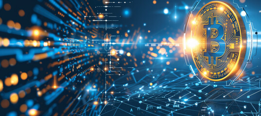 Futuristic Bitcoin Visualization, Glowing Code Lines