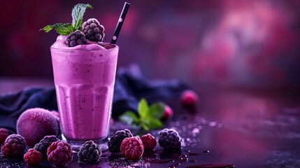 A vibrant smoothie made with fresh berries and mint leaves sits on a wooden table - Powered by Adobe