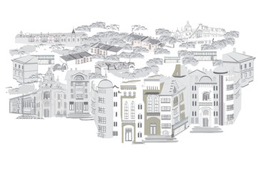 Series of street views in the old city. Hand drawn vector architectural background with historic buildings. - 755925046