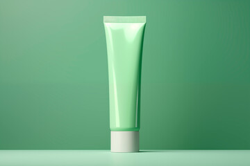 A simple cosmetic tube against a green background.