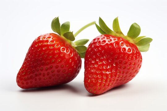 Two fresh strawberries on a white background