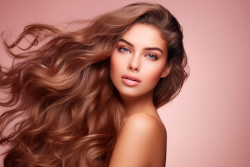 Naklejka premium A glamorous portrait of a woman with voluminous wavy hair and a soft expression against a neutral backdrop.