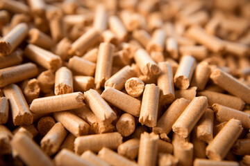 Close-up of cylindrical wood pellets, symbolizing sustainable energy and eco-friendly biomass fuel.