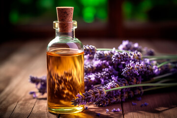 A bottle of lavender oil with fresh lavender, set for aromatherapy and natural wellness on a wooden background.