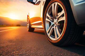 Luxury car wheel on an open road at sunset, the warm light reflecting off the car’s sleek design.