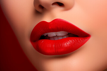 Close-up of vibrant red, glossy lipstick on full lips.