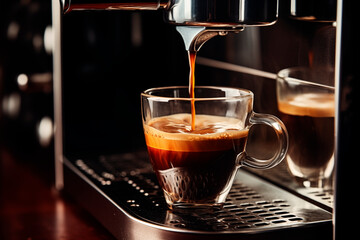 Espresso pouring into a clear glass from a machine. - obrazy, fototapety, plakaty