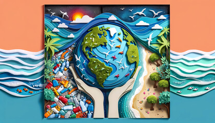 Earth day paper cut art in impact of plastic pollution and the hopeful journey towards recovery concept