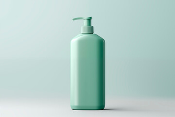 Minimalist design of a green soap dispenser with a pump on a light background.