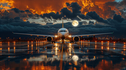 Plane flies above city at sunset, lights illuminating clouds 