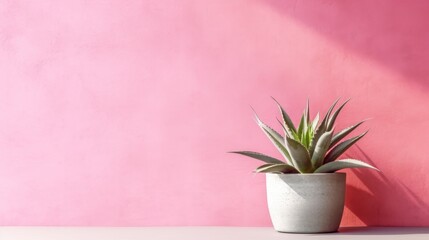 Succulent with soft pink painted concrete wall background. Negative space. Free space for text. Generative AI