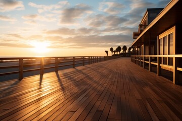 A beachfront boardwalk bathed in morning light