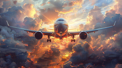 Plane flies above city at sunset, lights illuminating clouds 