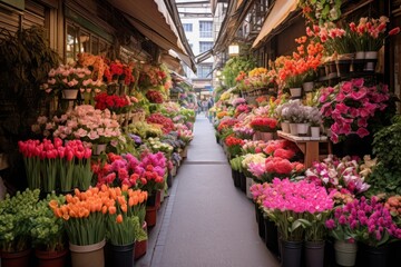 A bustling flower market with a variety of blooms
