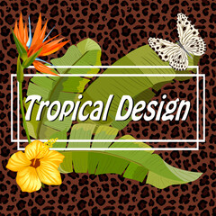 Spotted background with palm leaves.Vector illustration with tropical plants and a butterfly in the decor of a frame with text on an abstract background.