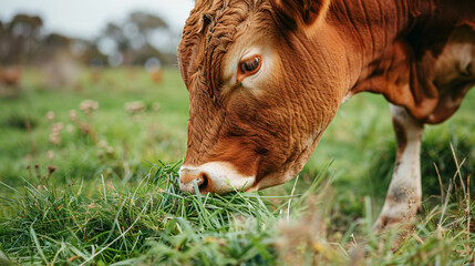 Naklejka na ściany i meble Close up of a cow eating green grass in the field