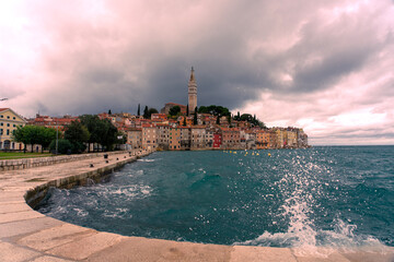 stormy weather over the city of Rovinj with the adriatic sea and big waves
