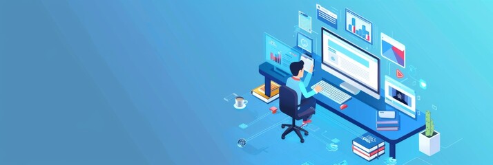 Graphic design of digital workspace concept - An isometric illustration representing a designer's digital workspace with multiple screens, tools, and vibrant colors