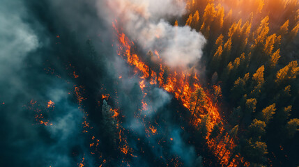 Drone shot of a raging forest fire consuming trees, with smoke billowing from the intense flames - obrazy, fototapety, plakaty