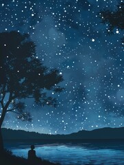 Illustration of person under a starry sky - Artistic representation of an individual peacefully observing a star-filled night by the lakeside