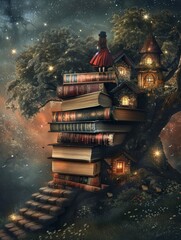 House nested on fantasy book pile - Surreal and whimsical image of a house atop a pile of giant books under a starry sky
